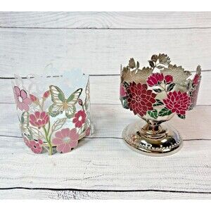 2 Bath & Body Works 3-Wick Candle Holders Butterflies Garden Pink Dahlia Pdstl